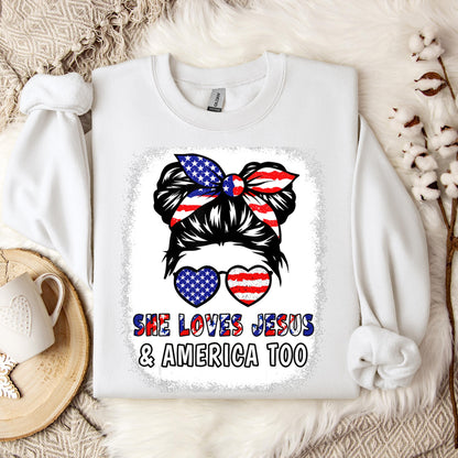 Christian 4th July Shirt Love Jesus & America USA Flag Girl Sweatshirt