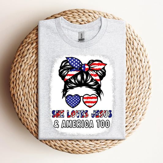 Christian 4th July Shirt Love Jesus & America USA Flag Girl