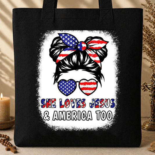 Christian 4th July Shirt Love Jesus & America USA Flag Girl Tote Bag