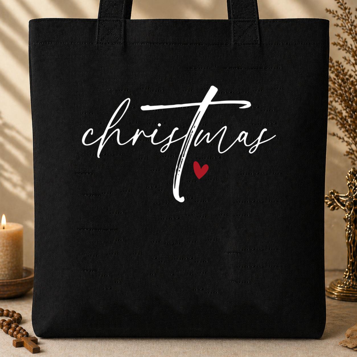 Christmas Cross Heart Tote Bag