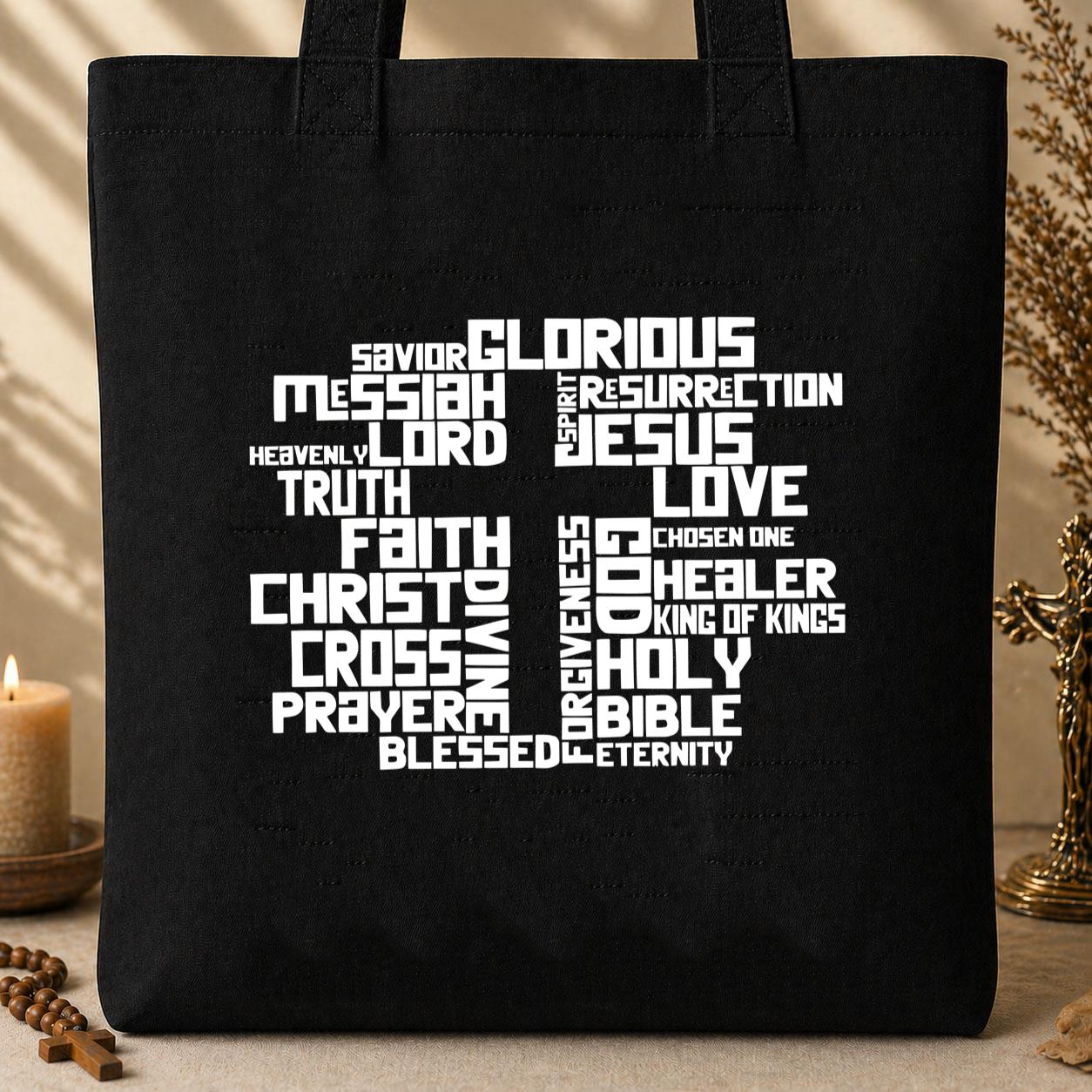 Christmas Cross Typography Tote Bag