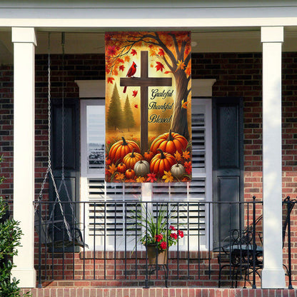 Fall Jesus Cross Grateful Thankful Blessed Thanksgiving Halloween Cardinal Flag