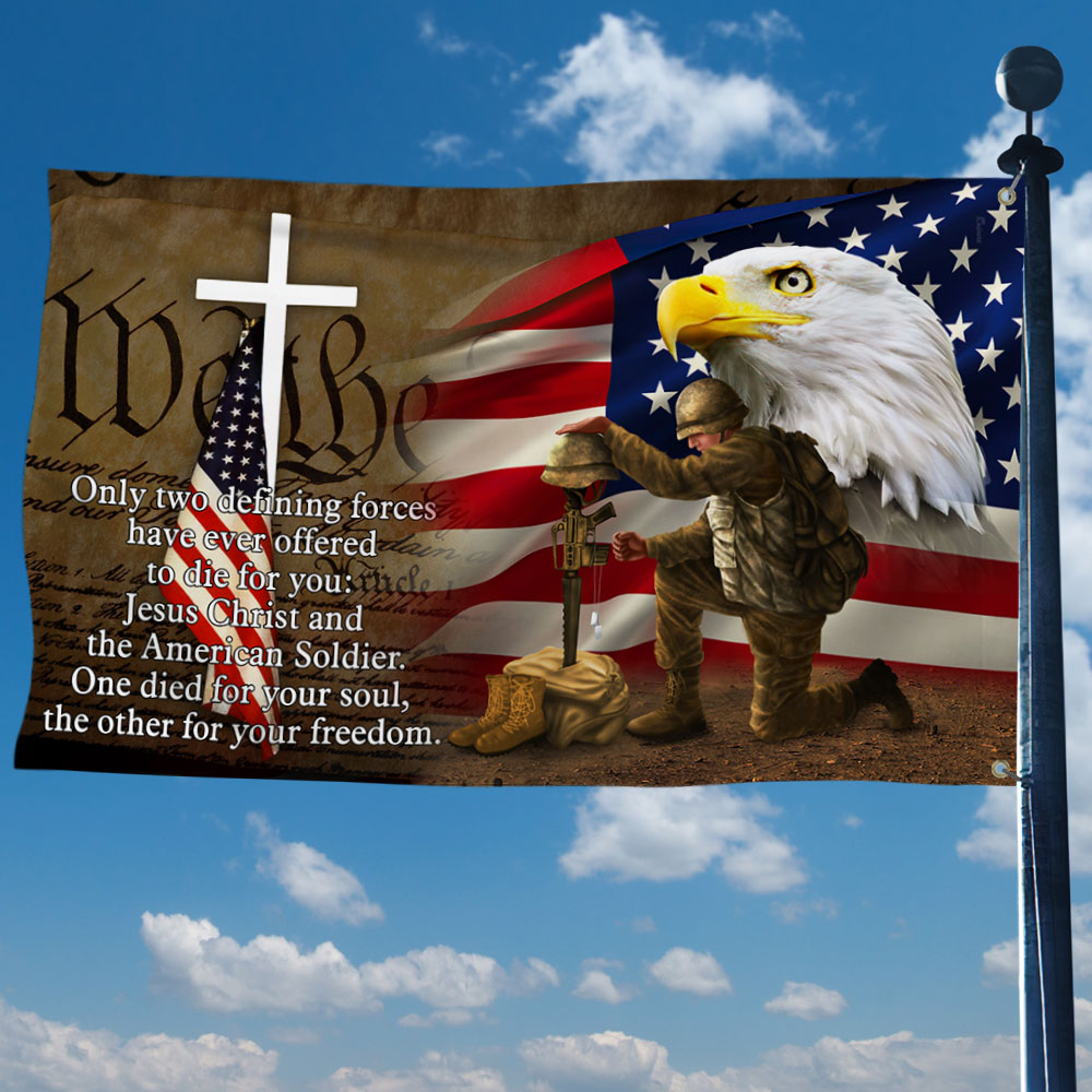 Owe To Jesus Christ And The American Soldier Grommet Flag. Veteran Christ Cross Grommet Flag