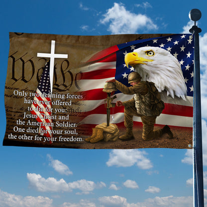 Owe To Jesus Christ And The American Soldier Grommet Flag. Veteran Christ Cross Grommet Flag