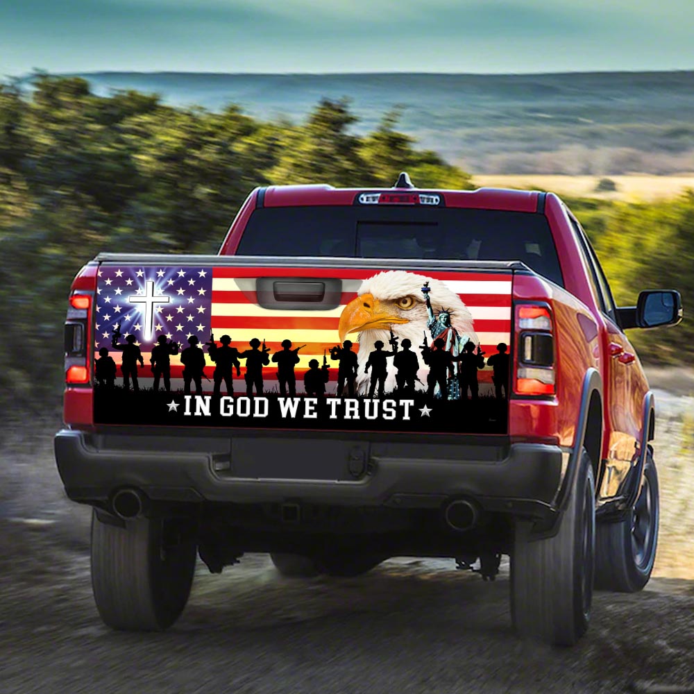 In God We Trust Christian Cross Veterans Day American Eagle Truck Tailgate Decal Wrap