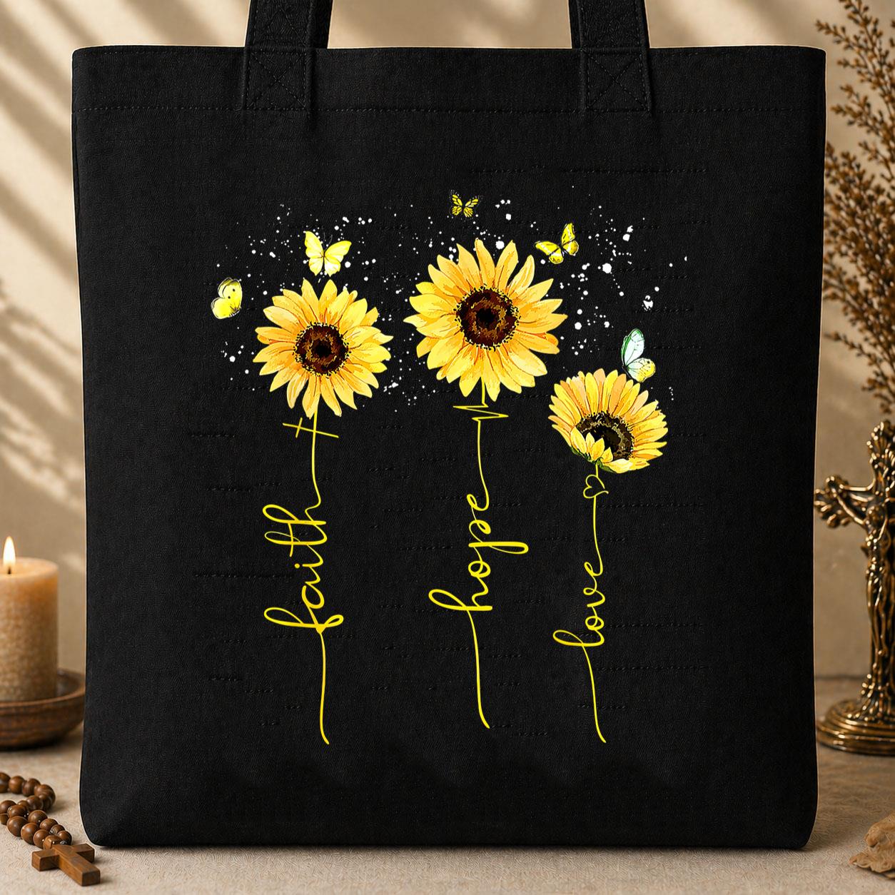 Faith Hope Love Sunflower Butterfly Tote Bag