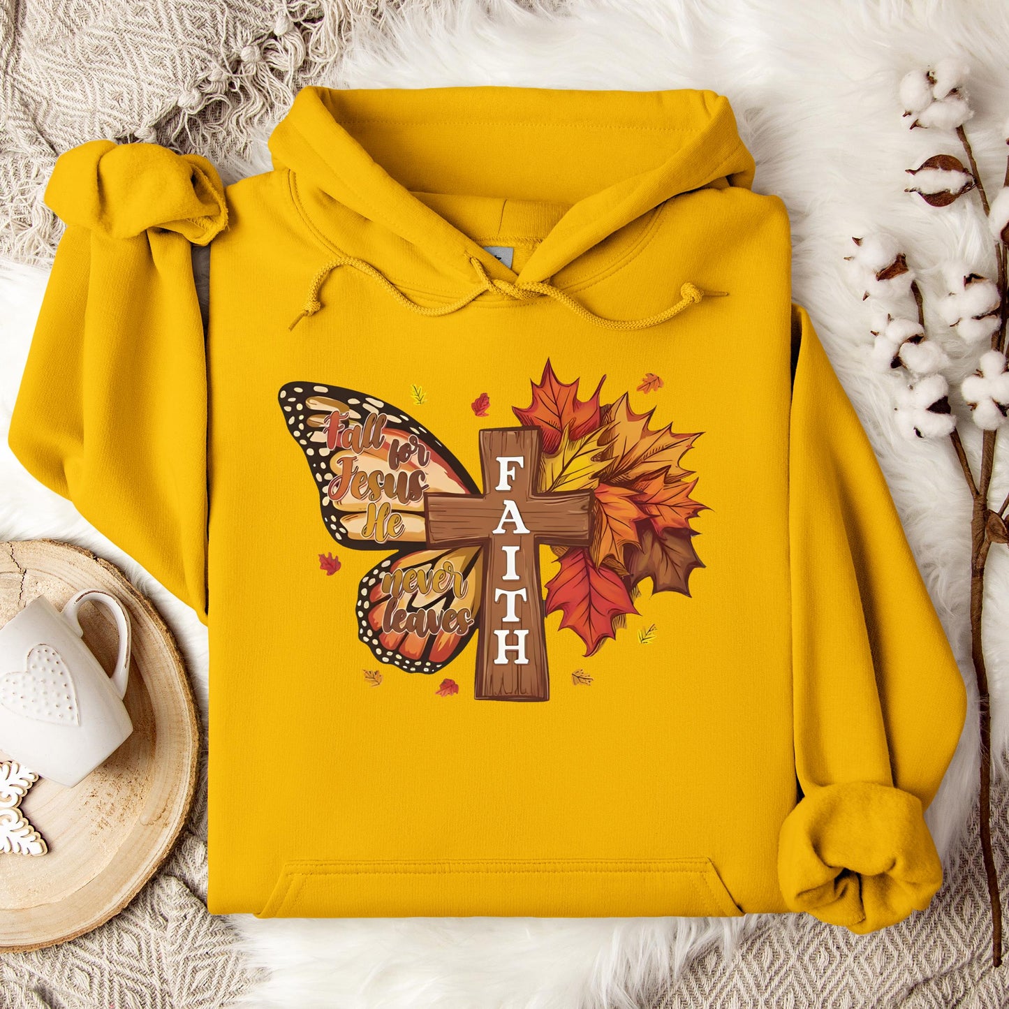 Fall For Jesus He Never Leaves Faith Cross Hoodie