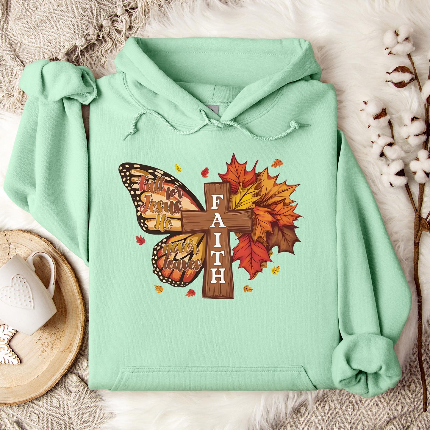 Fall For Jesus He Never Leaves Faith Cross Hoodie