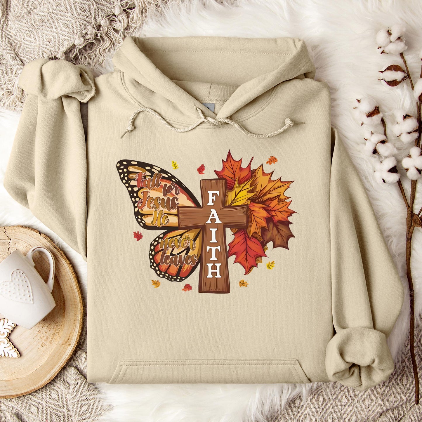 Fall For Jesus He Never Leaves Faith Cross Hoodie