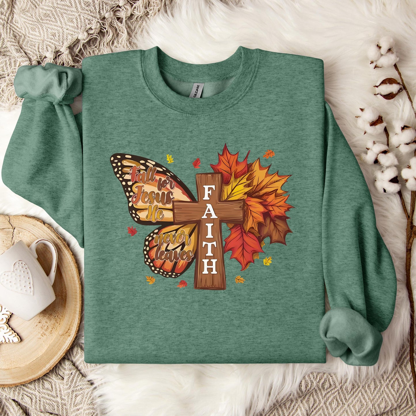Fall For Jesus He Never Leaves Faith Cross Sweatshirt