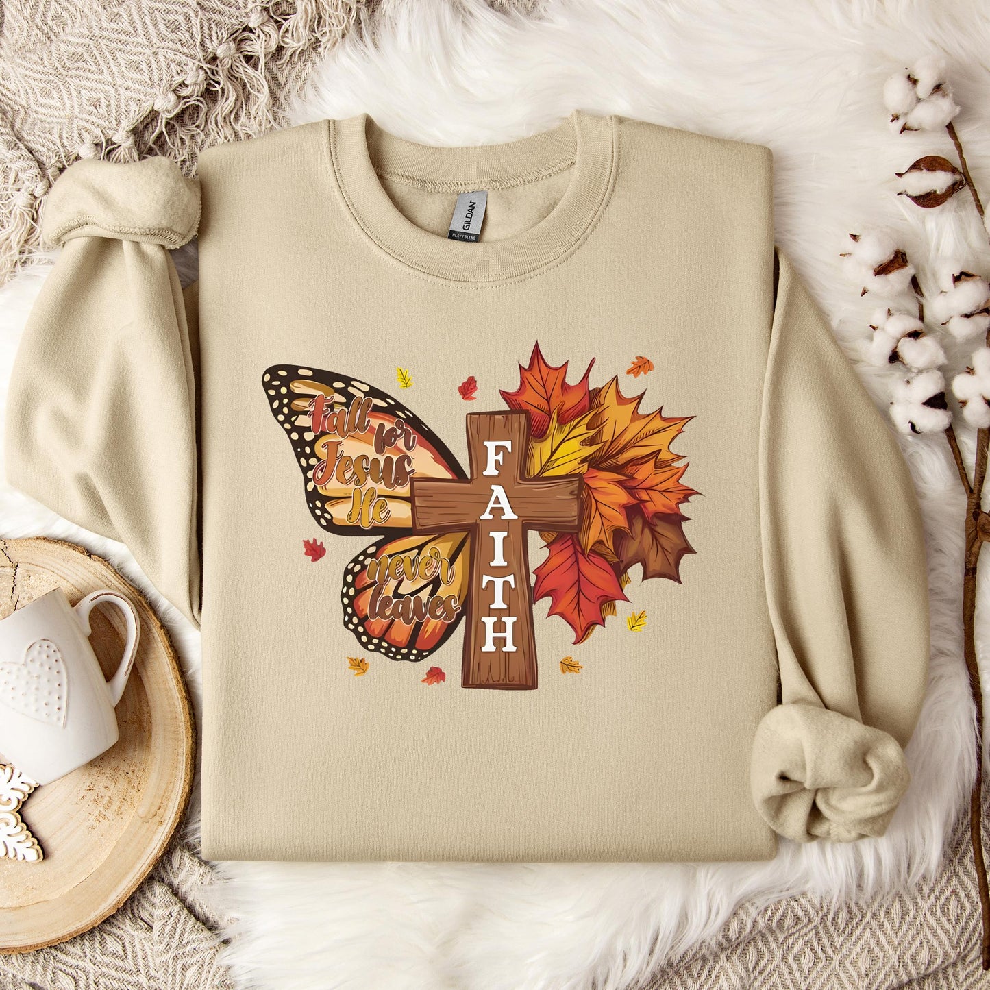 Fall For Jesus He Never Leaves Faith Cross Sweatshirt