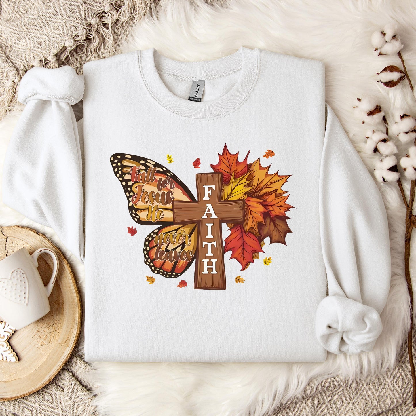 Fall For Jesus He Never Leaves Faith Cross Sweatshirt