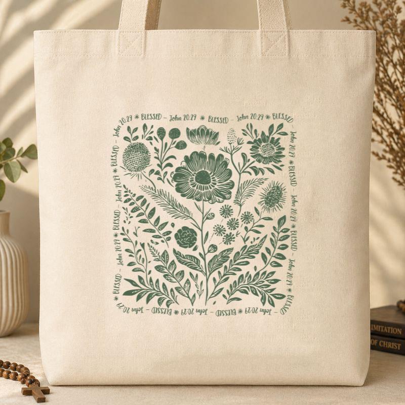 Floral Bible Blessed John 20.29 Tote Bag