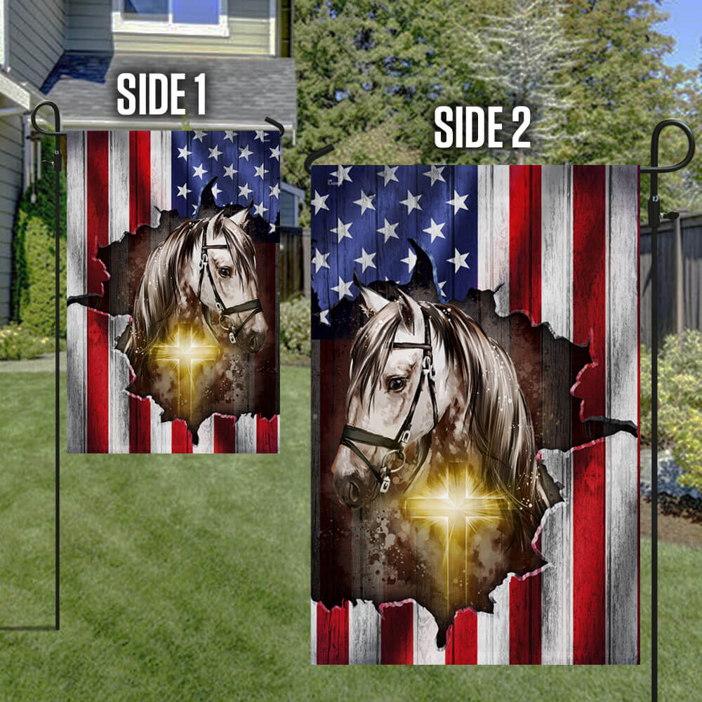 Horse Stand With God Christian Cross American Flag