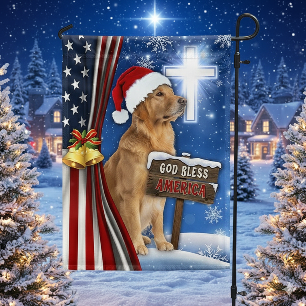 Golden Retriever Christmas Flag | God Bless America Christian Cross Flag