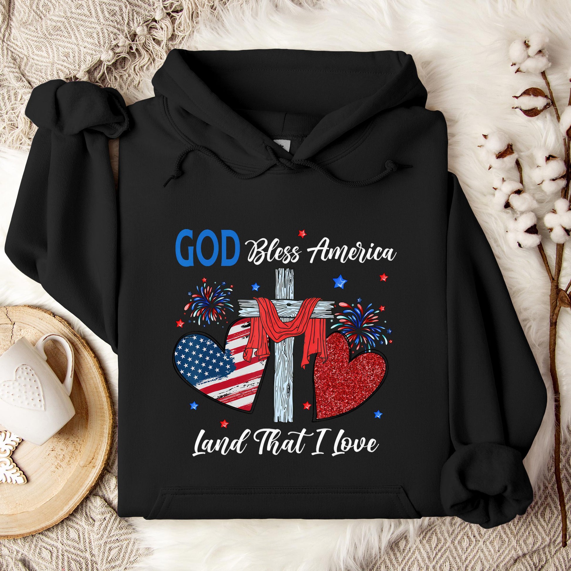 God Bless America Christian Heart Cross Jesus 4th Of July Hoodie