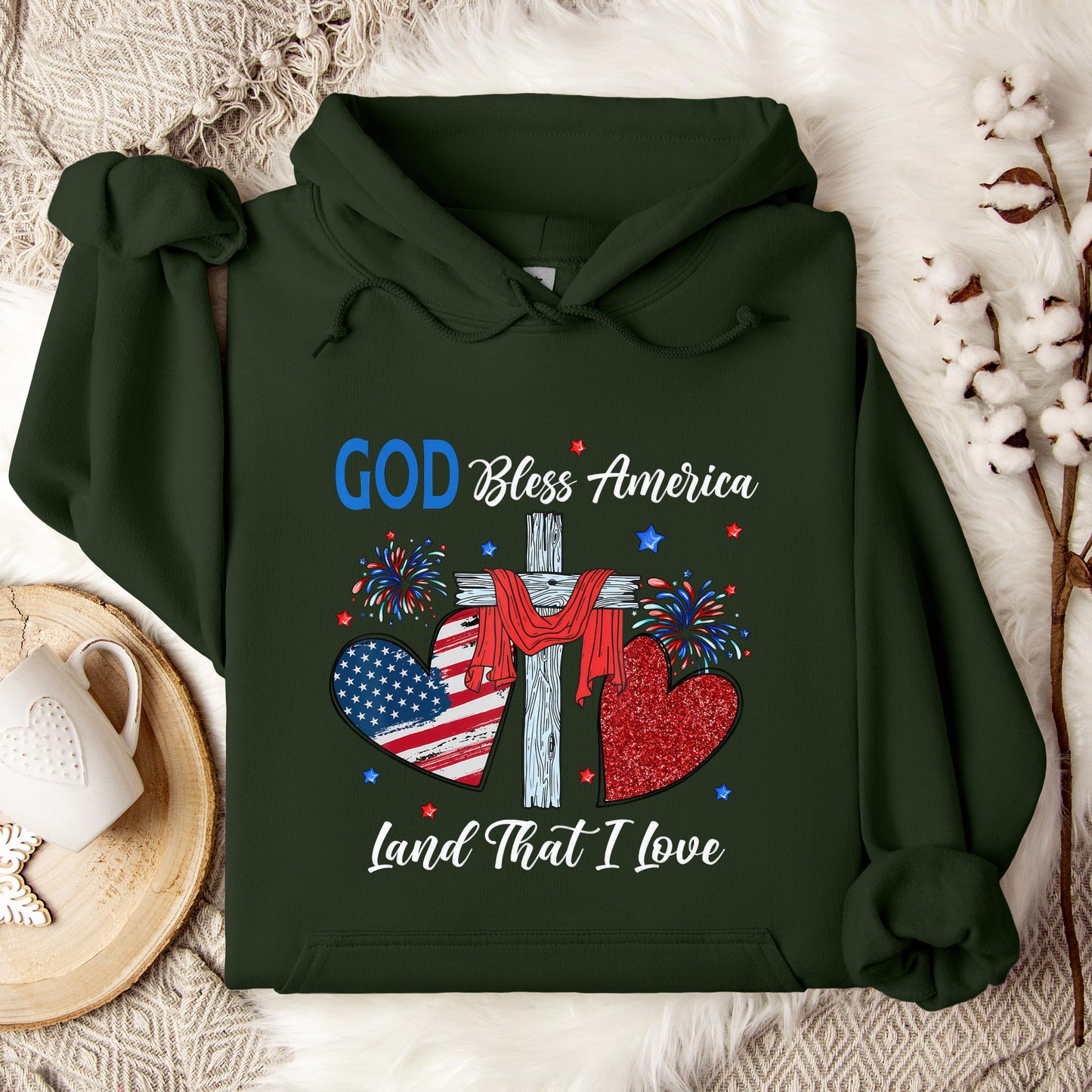 God Bless America Christian Heart Cross Jesus 4th Of July Hoodie