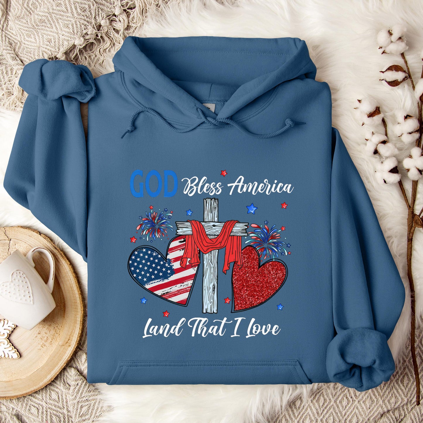 God Bless America Christian Heart Cross Jesus 4th Of July Hoodie