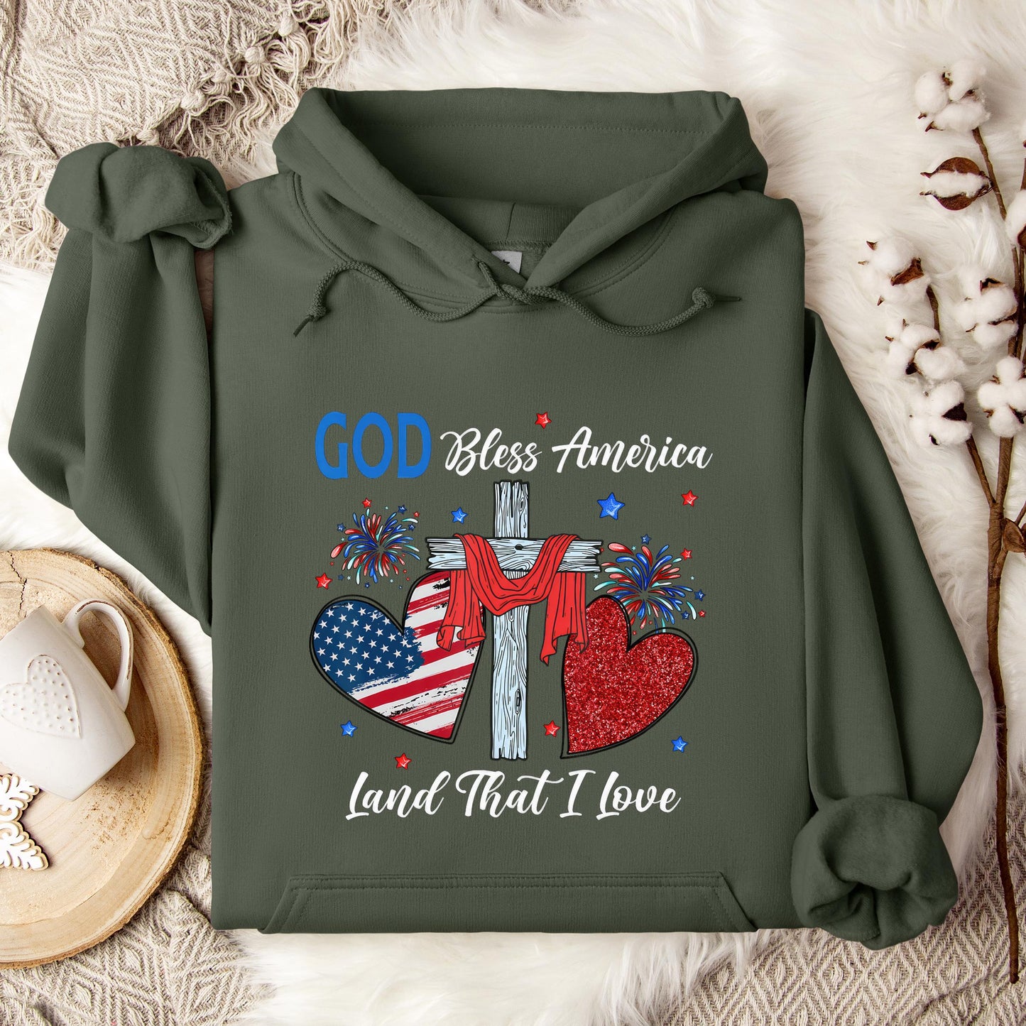 God Bless America Christian Heart Cross Jesus 4th Of July Hoodie