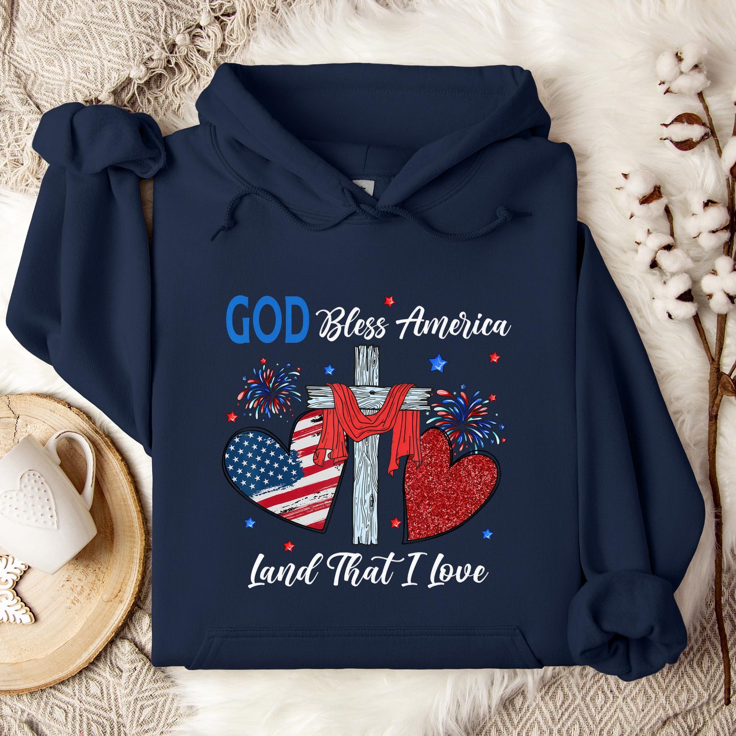 God Bless America Christian Heart Cross Jesus 4th Of July Hoodie