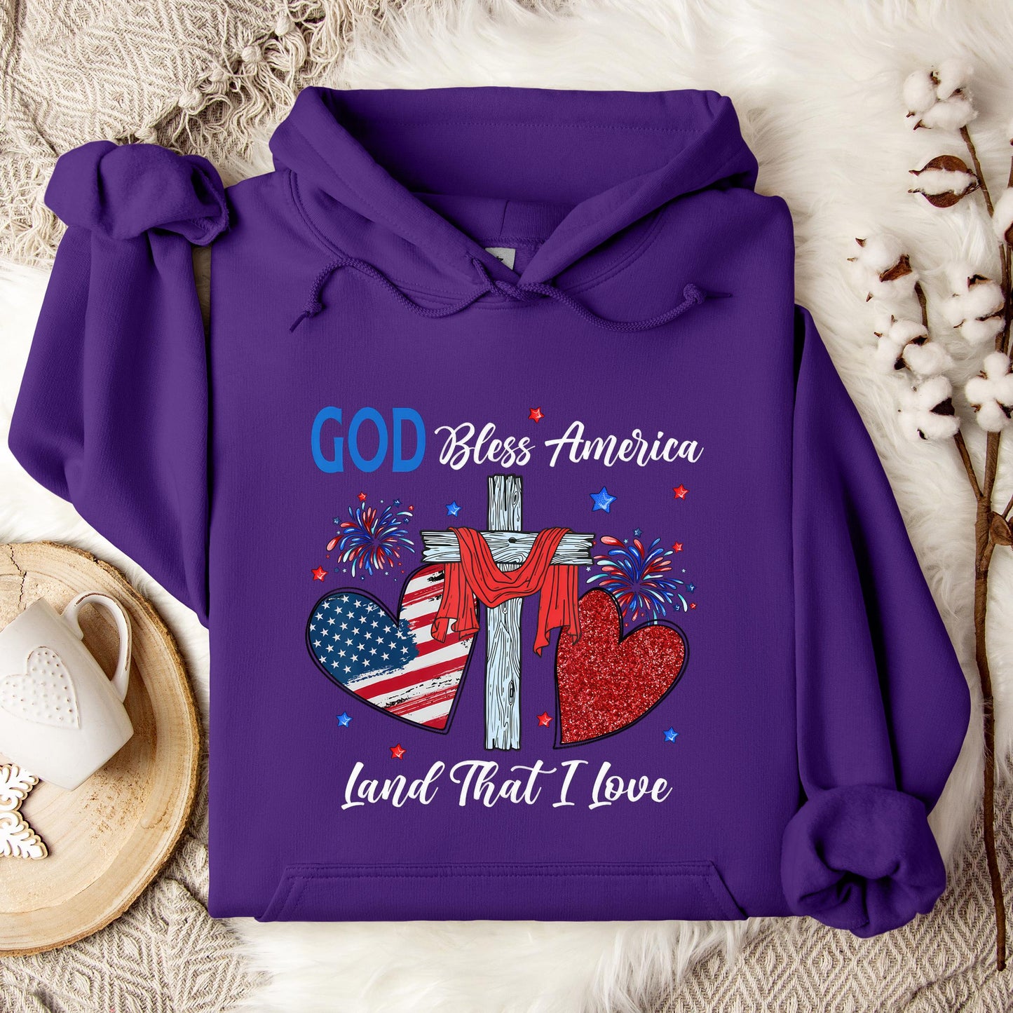 God Bless America Christian Heart Cross Jesus 4th Of July Hoodie