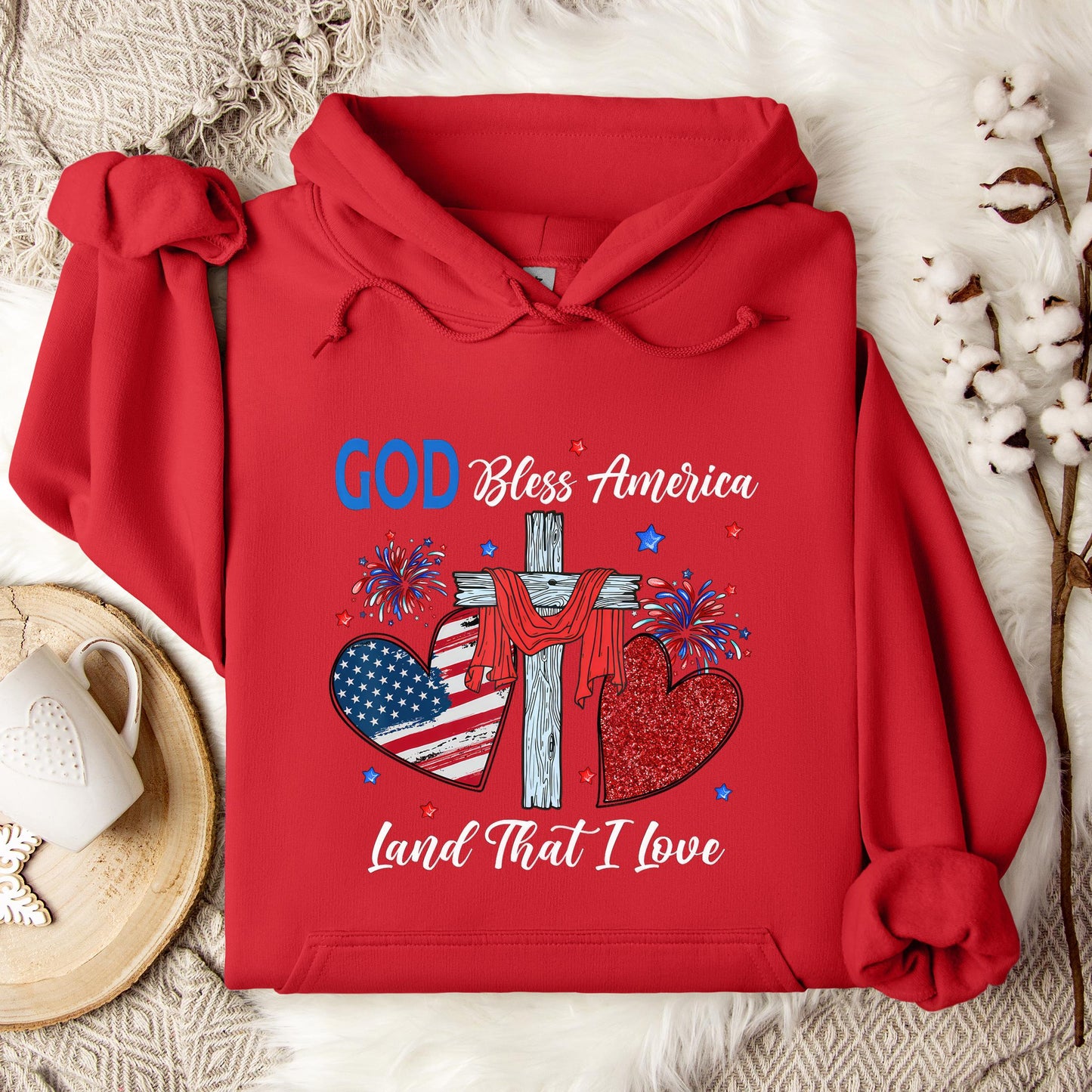 God Bless America Christian Heart Cross Jesus 4th Of July Hoodie