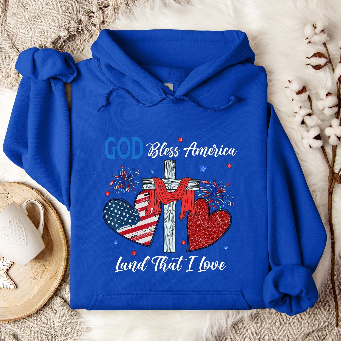 God Bless America Christian Heart Cross Jesus 4th Of July Hoodie