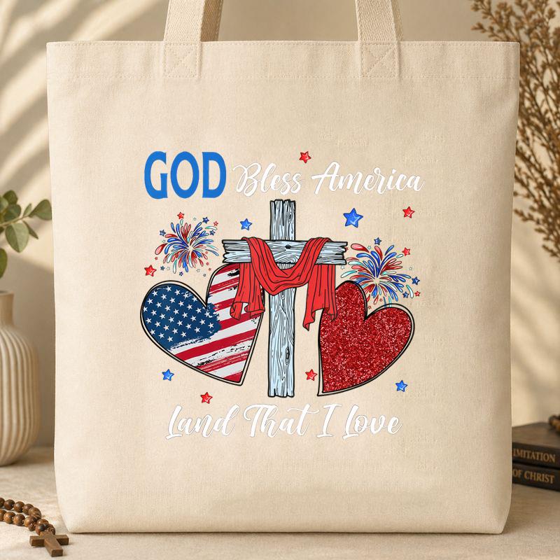God Bless America Christian Heart Cross Jesus 4th Of July Tote Bag