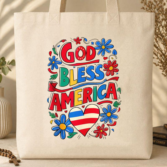 God Bless America Patriotic USA Flag Christian 4th of July Tote Bag