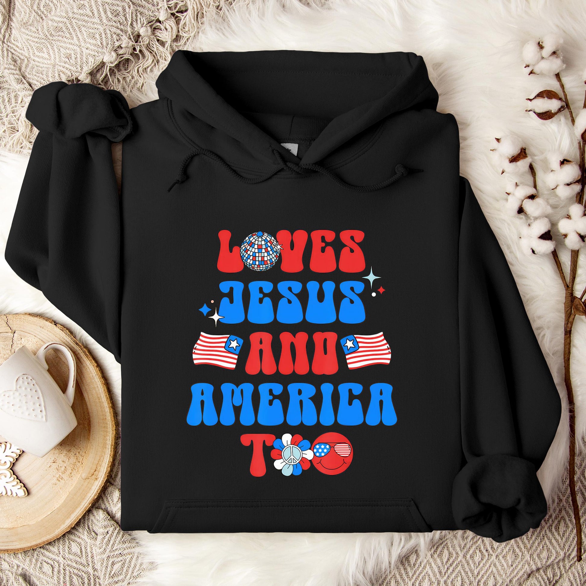 Groovy 70s Retro Loves Jesus and America Too Hoodie