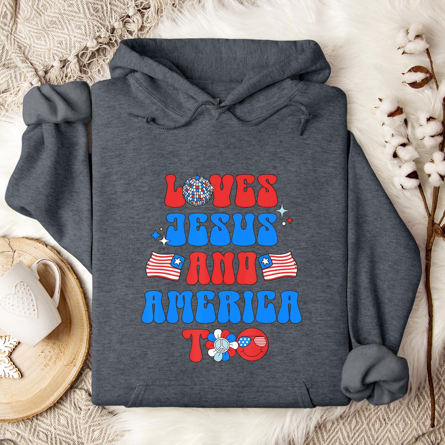 Groovy 70s Retro Loves Jesus and America Too Hoodie