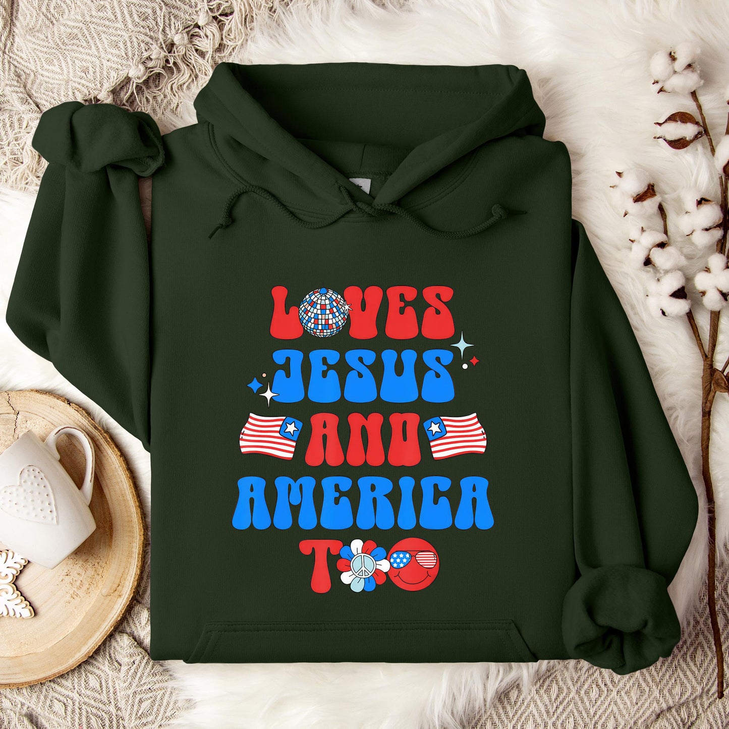 Groovy 70s Retro Loves Jesus and America Too Hoodie