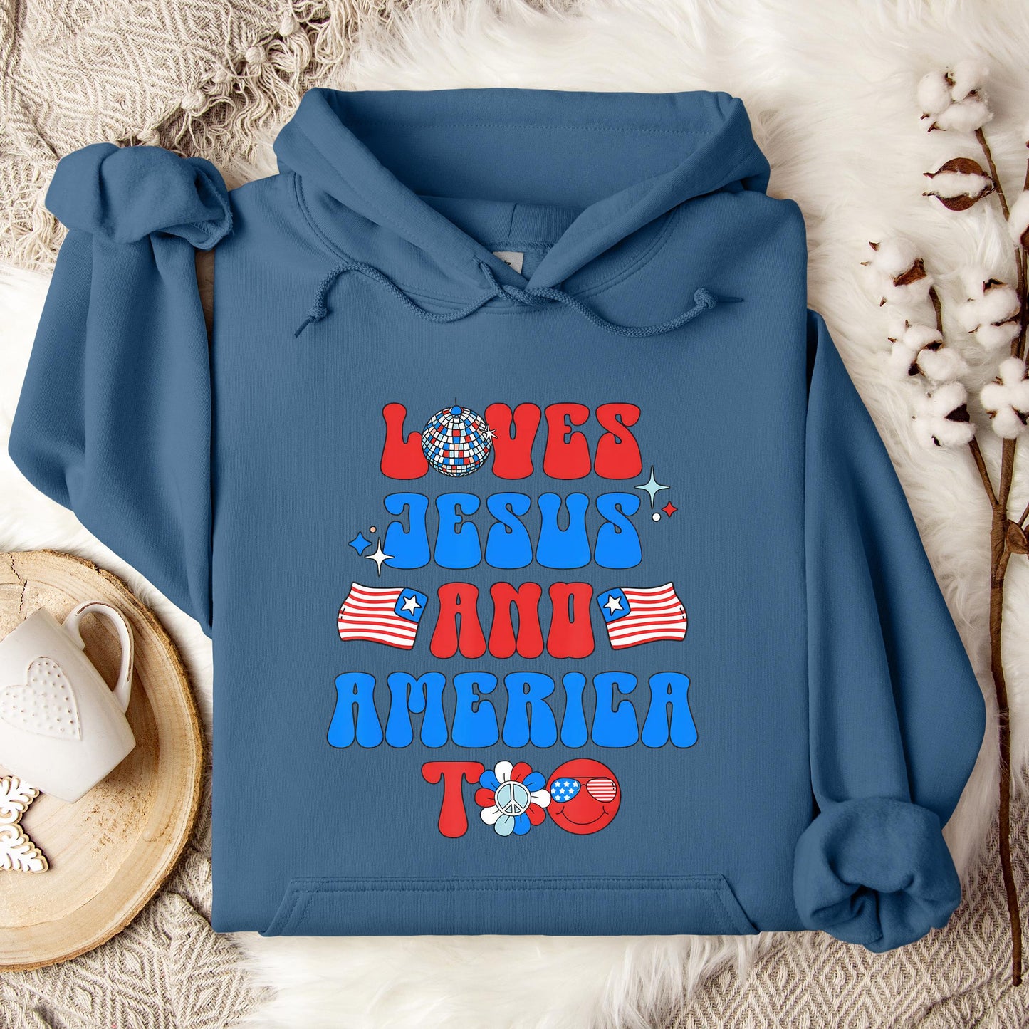 Groovy 70s Retro Loves Jesus and America Too Hoodie