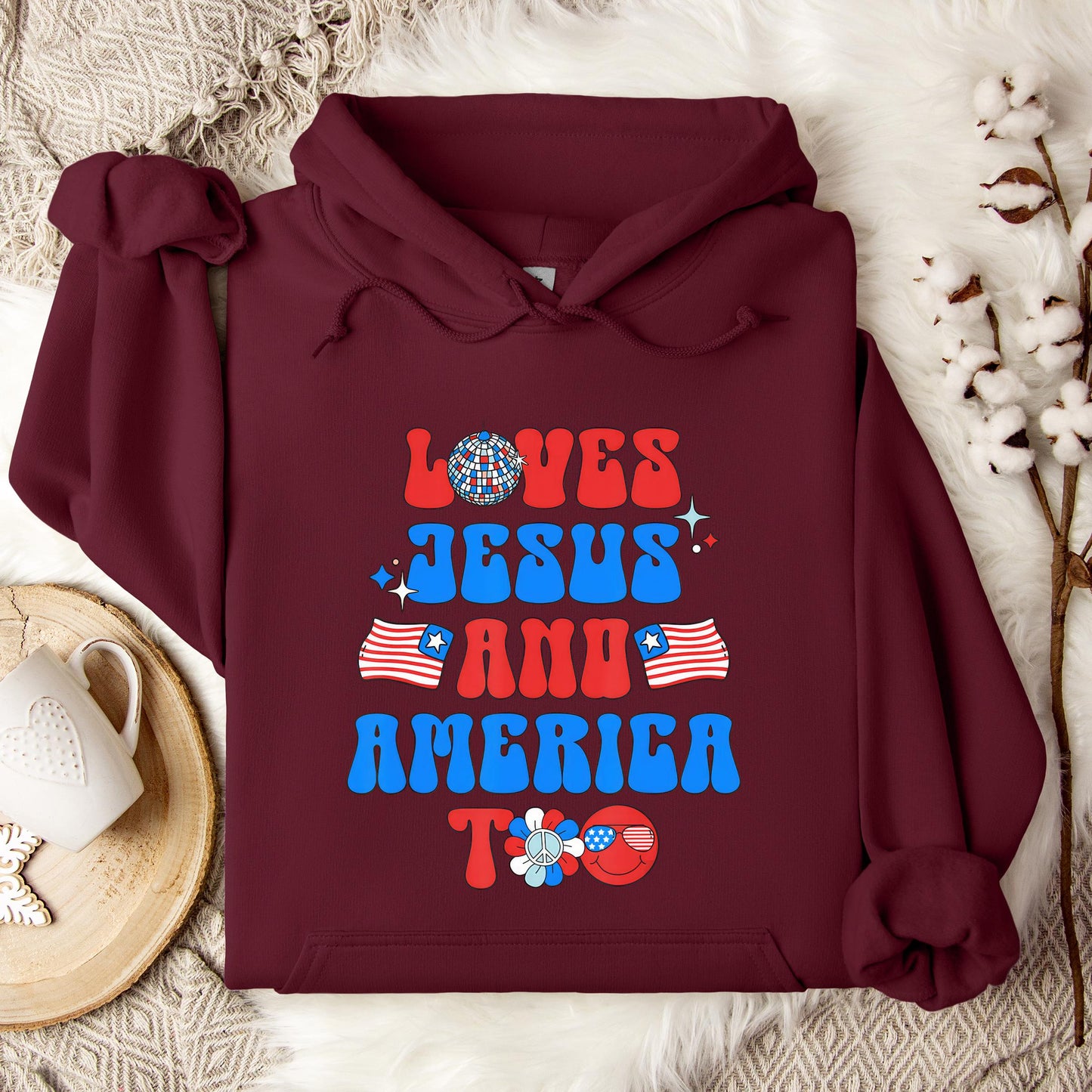 Groovy 70s Retro Loves Jesus and America Too Hoodie