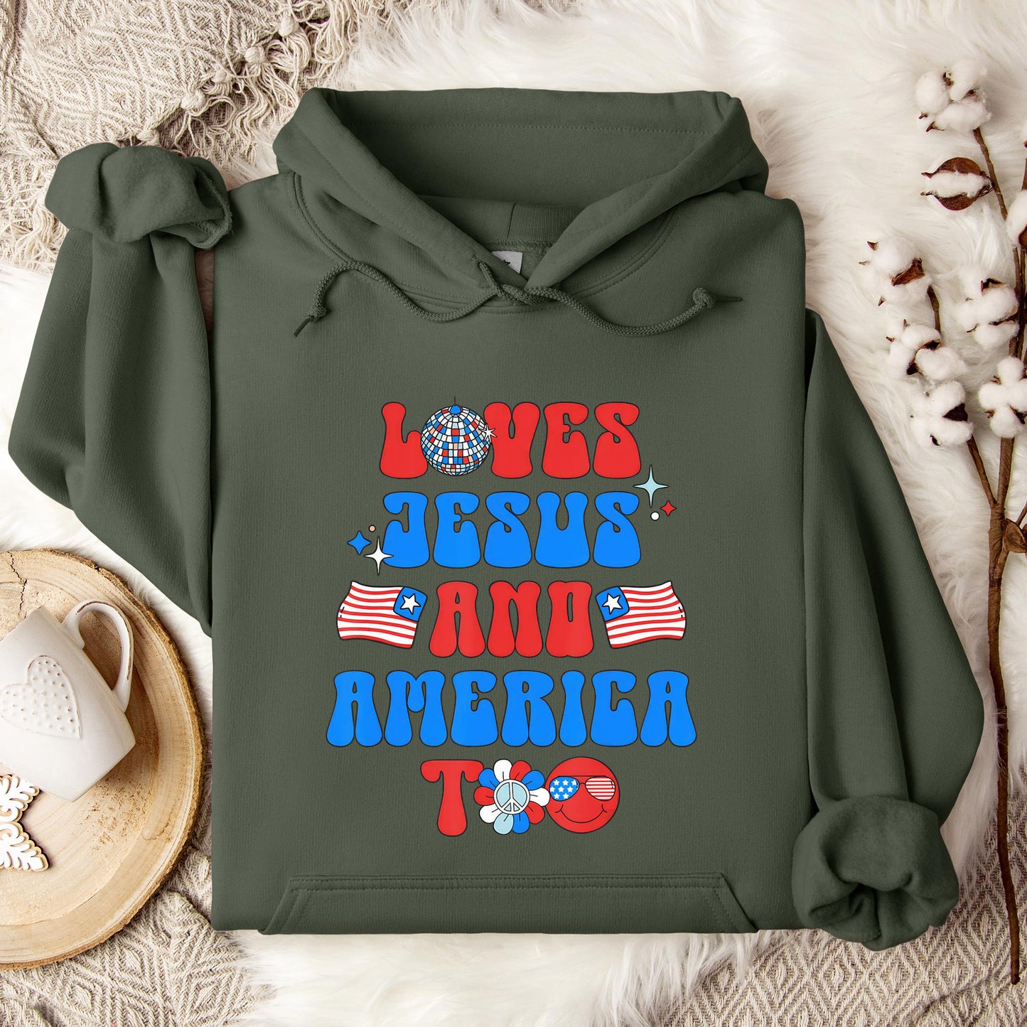 Groovy 70s Retro Loves Jesus and America Too Hoodie