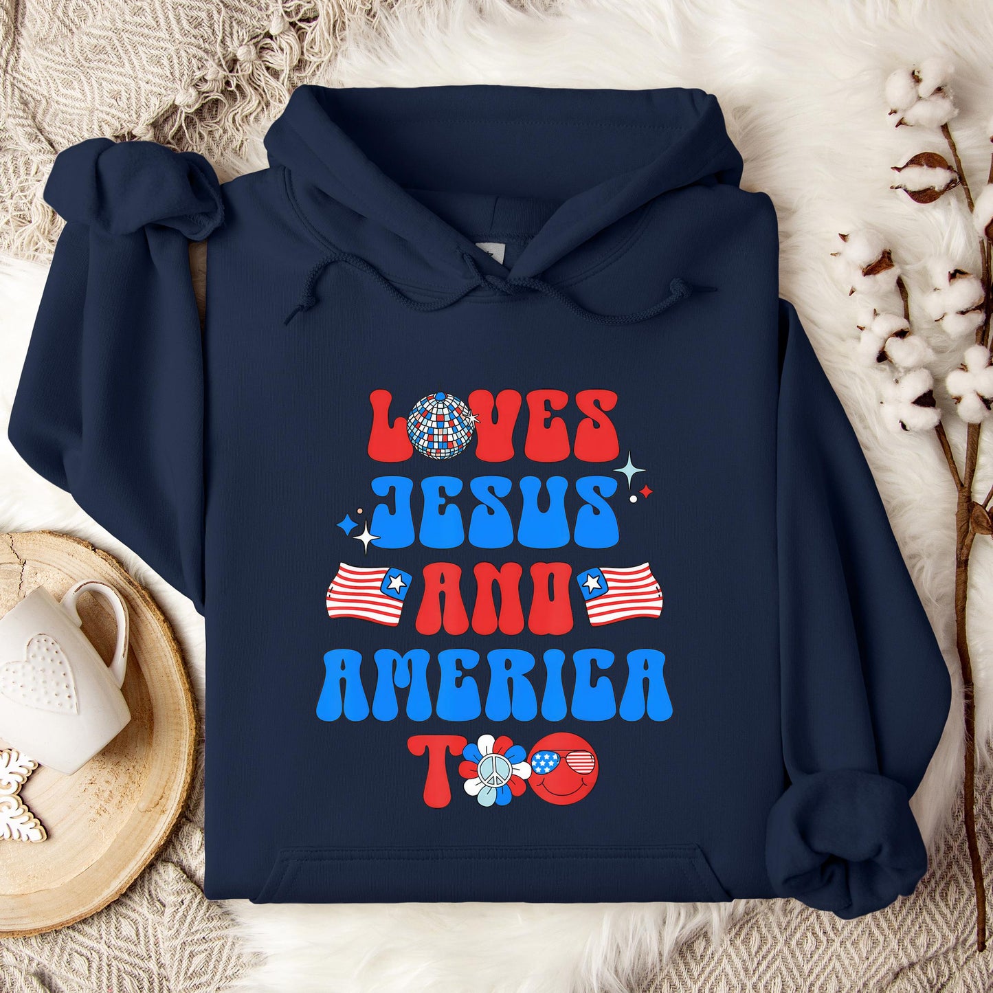 Groovy 70s Retro Loves Jesus and America Too Hoodie