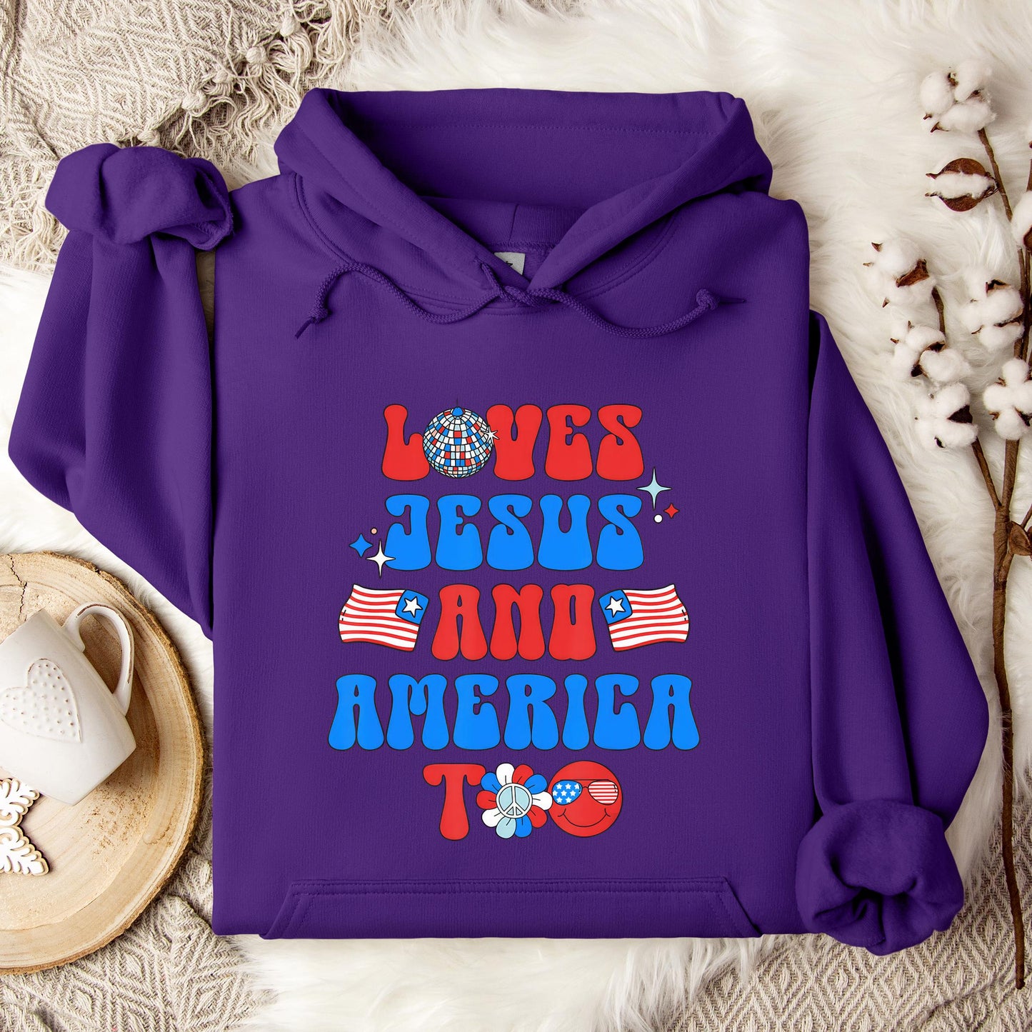 Groovy 70s Retro Loves Jesus and America Too Hoodie
