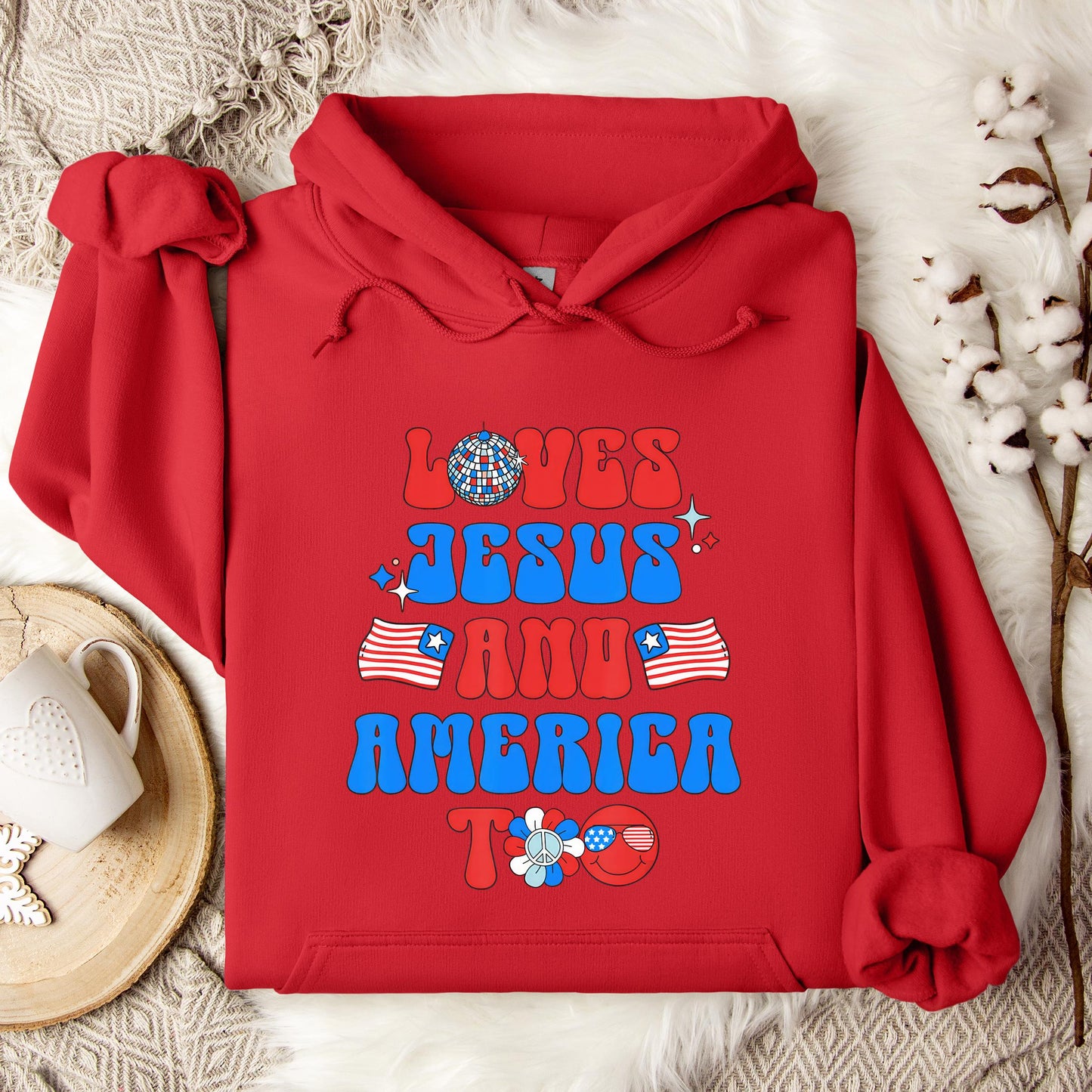 Groovy 70s Retro Loves Jesus and America Too Hoodie