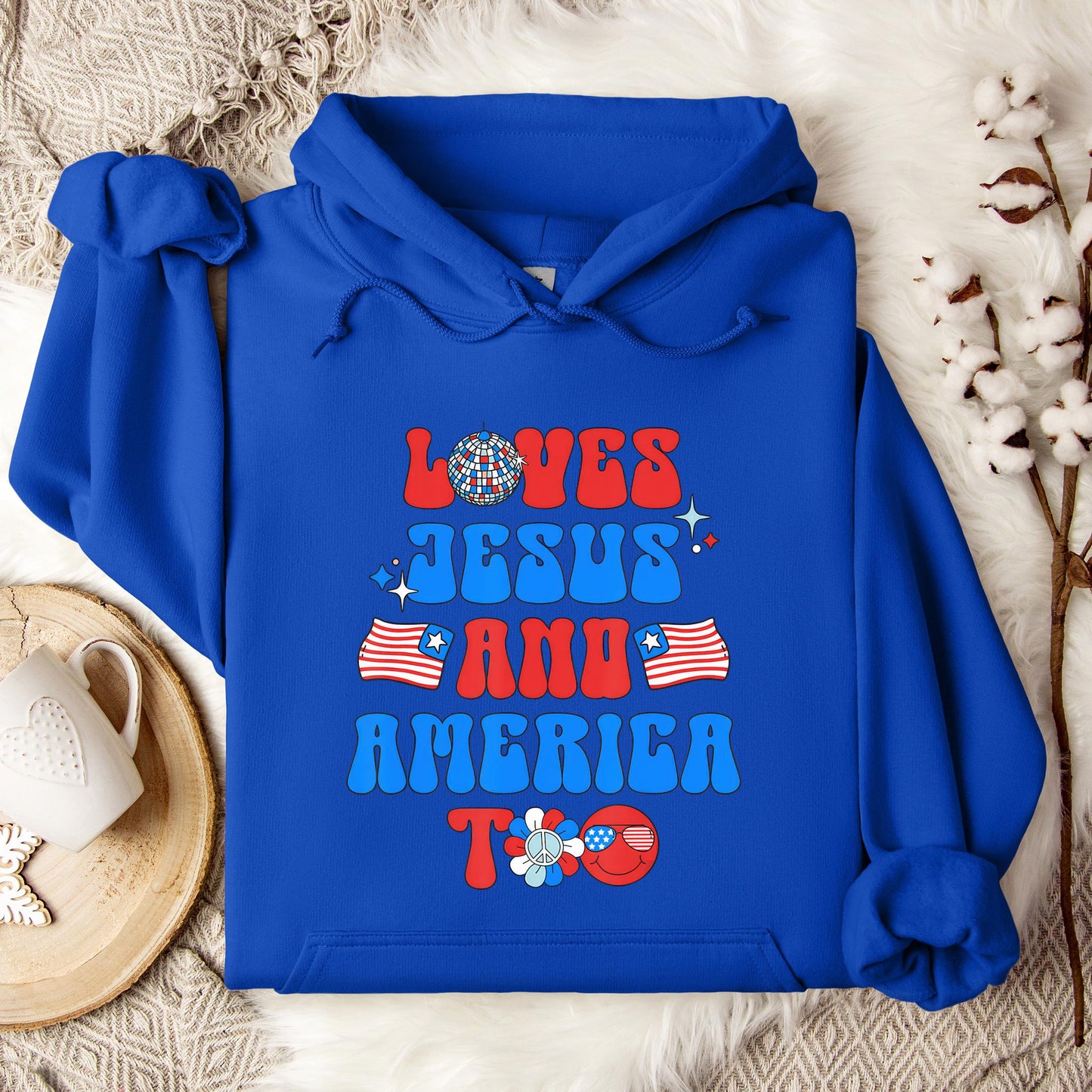 Groovy 70s Retro Loves Jesus and America Too Hoodie