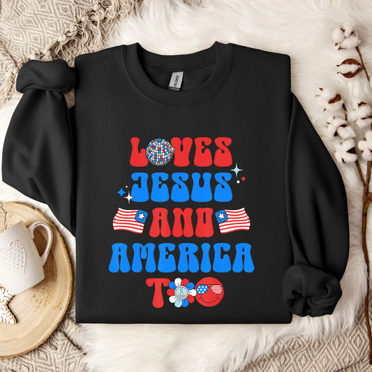 Groovy 70s Retro Loves Jesus and America Too Sweatshirt