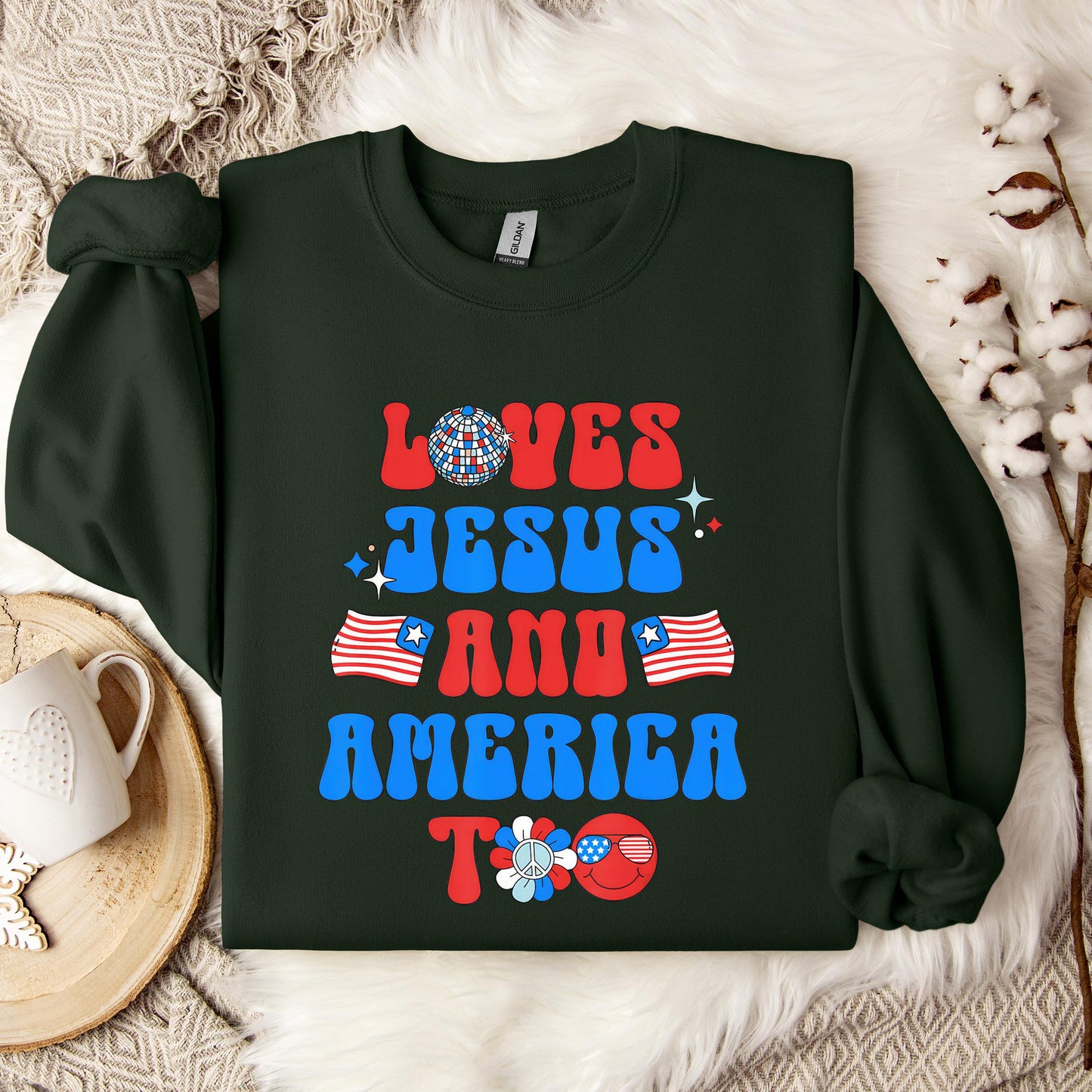Groovy 70s Retro Loves Jesus and America Too Sweatshirt