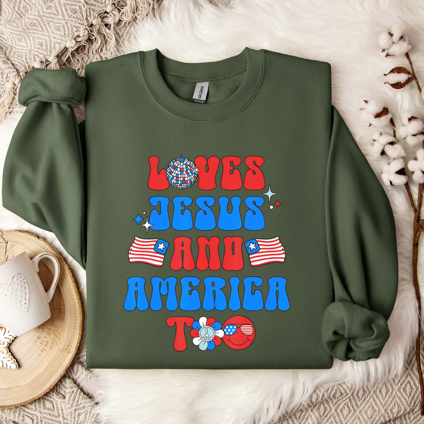 Groovy 70s Retro Loves Jesus and America Too Sweatshirt