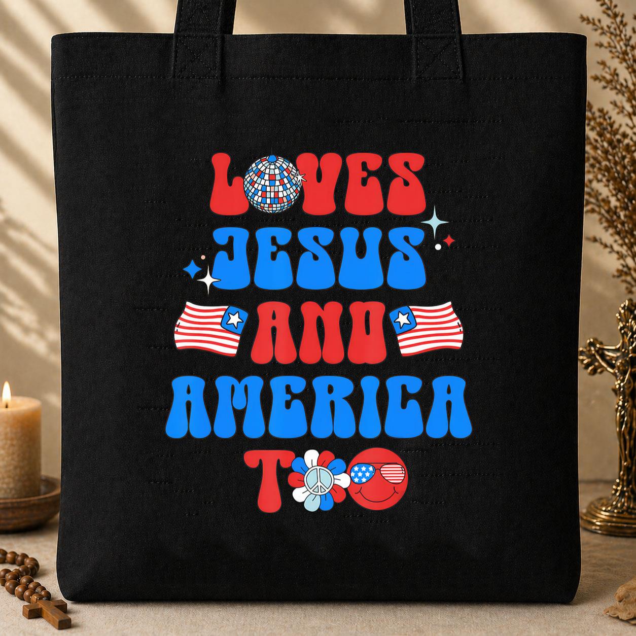 Groovy 70s Retro Loves Jesus and America Too Tote Bag