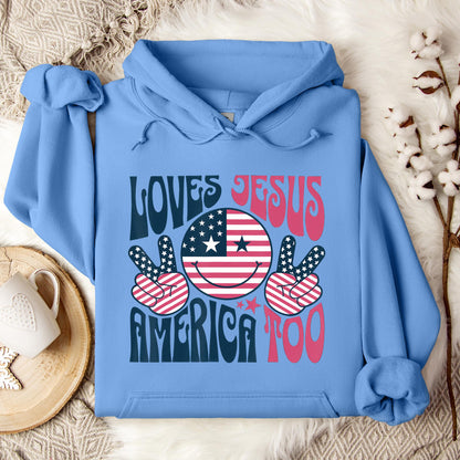 Groovy Loves Jesus And America Too God Christian 4th of July Hoodie