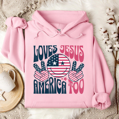 Groovy Loves Jesus And America Too God Christian 4th of July Hoodie