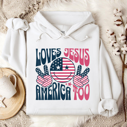 Groovy Loves Jesus And America Too God Christian 4th of July Hoodie