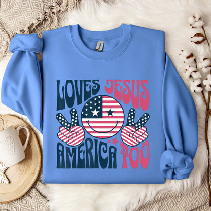 Groovy Loves Jesus And America Too God Christian 4th of July Sweatshirt