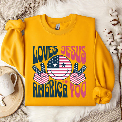 Groovy Loves Jesus And America Too God Christian 4th of July Sweatshirt