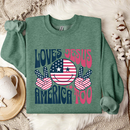 Groovy Loves Jesus And America Too God Christian 4th of July Sweatshirt