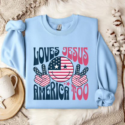 Groovy Loves Jesus And America Too God Christian 4th of July Sweatshirt
